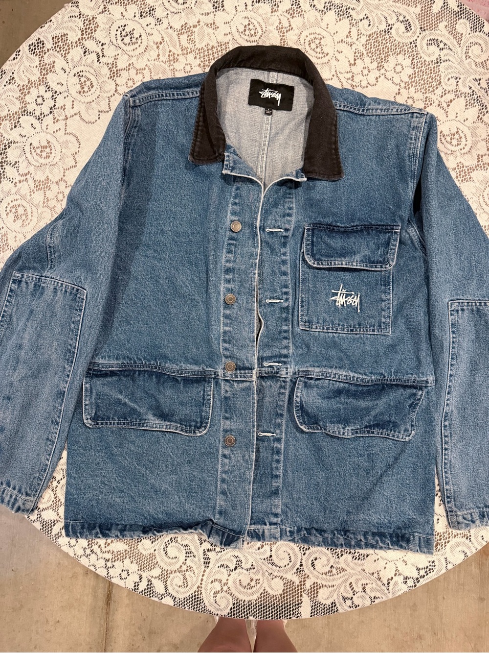 Blue Denim Work Jacket with Contrast Collar